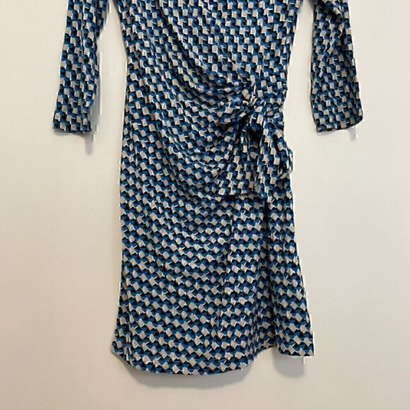 ANN TAYLOR Geo Print Side Tie Jersey Dress Blue Gray 3/4 Sleeve Office S ALTERED - Picture 4 of 13